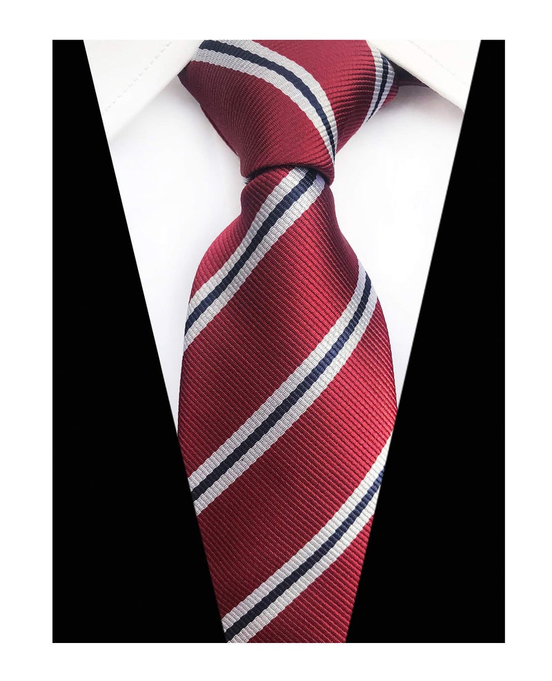 Secdtie Mens Stripe Burgundy Red White Jacquard Tie Formal Necktie For Big Boy Youth Son - Image 2